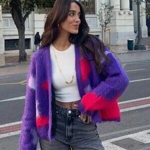 ZARA Brushed Fuzzy Finish Knit Open Cardigan Abstract Unique Purple Red L